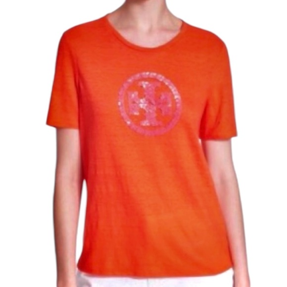 TORY BURCH | Linen Demi Short Sleeve T-Shirt | Sequin Logo | Orange Poppy Pink S - Picture 6 of 6